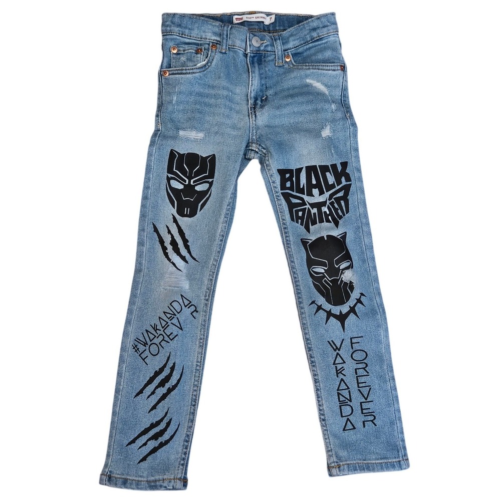 Levis 510‎ Skinny Jeans Kids Size 7 Blue Light Wash Marvel Black Panther Wakanda